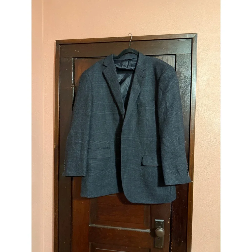 Joseph & Feiss Gold Luxury Wool Blazer Mens 46R Navy Plaid Sport Coat